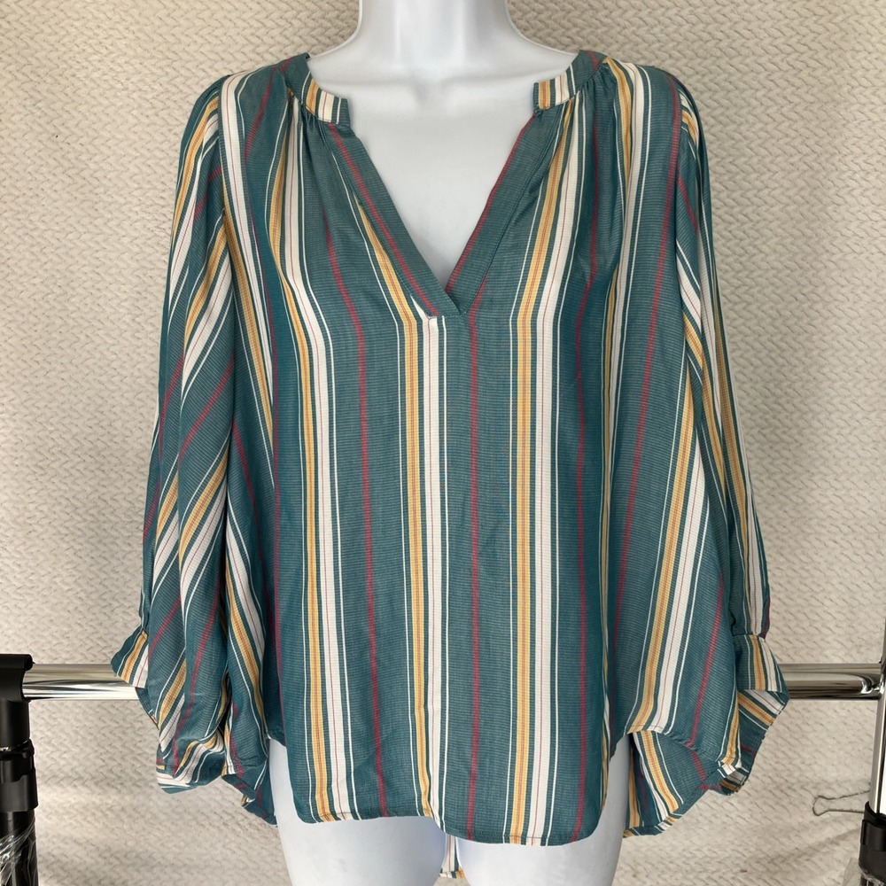 Maeve Anthropologie‎ Top Blouse Womens L Puff Sleeve Stripe Rayon Boho Interview